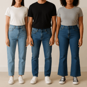 Three individuals wearing different styles of jeans—straight-leg, slim-fit, and flared—standing side by side to showcase fit variety.