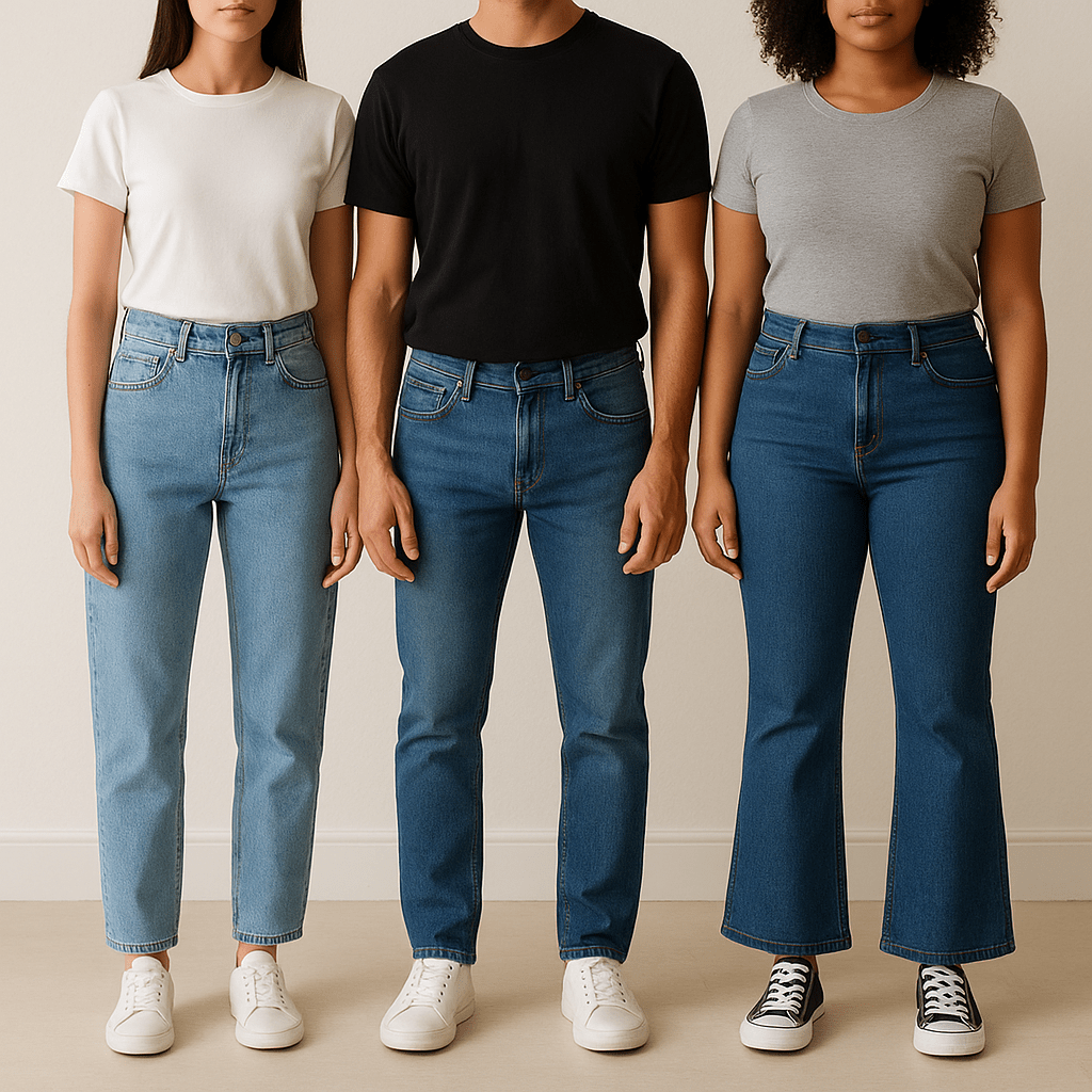 Three individuals wearing different styles of jeans—straight-leg, slim-fit, and flared—standing side by side to showcase fit variety.