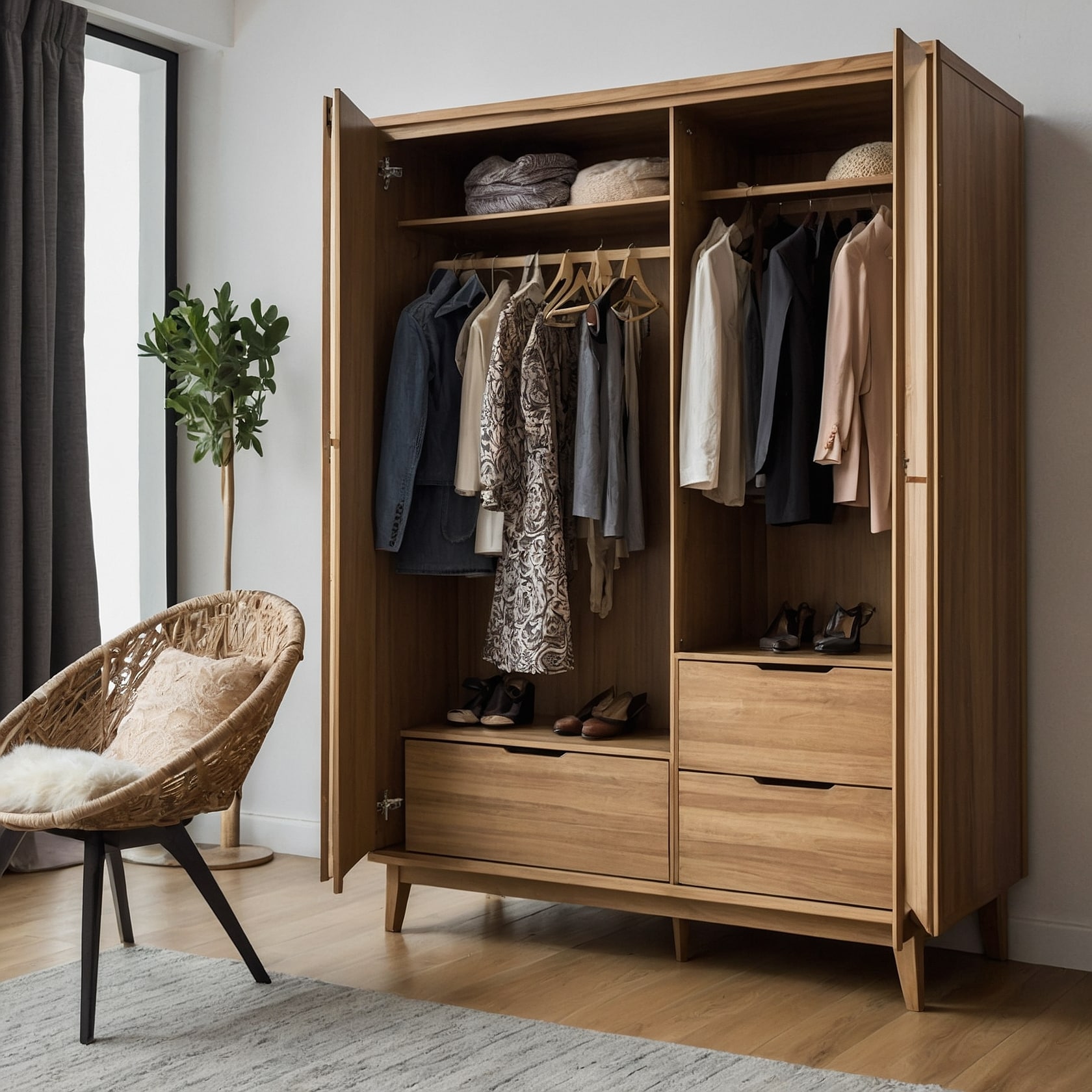 Organized wooden wardrobe with second-hand clothes in a modern UK bedroom